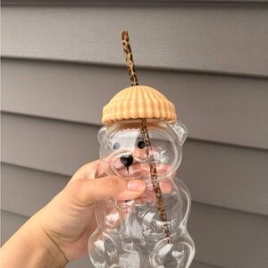 Bear Glass Cup with Tan Lid/Leopard straw